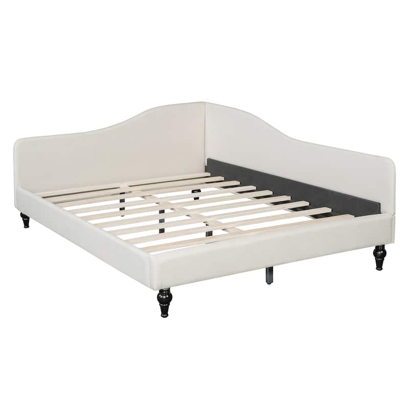 Full Size L-Shaped Linen Daybed, with Solid Wood Legs, Beige
