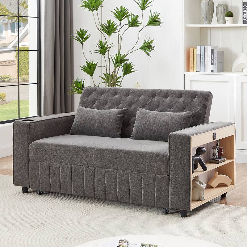 61.4" Convertible Grey Chenille Sofa Bed with Adjustable Backrest