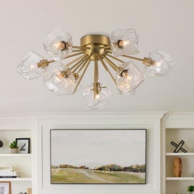 9-Light Brass Irregular Ice Cube Glass Sputnik Semi-Flush Mount