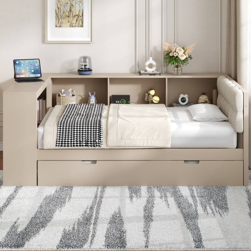 Roomfitters Twin/Full Wood Platform Bed with Trundle, Charging Station and Upholstered Headboard