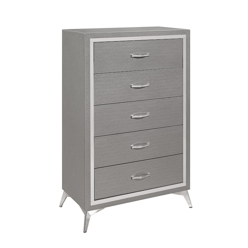 Sami 49 Inch Tall Dresser, 5 Drawers, Mirror Trim, Embossed Texture, Gray
