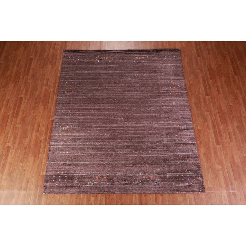 Hand Knotted Oriental Viscose Silk Carpet Tribal Stripe Brown Gabbeh Area Rug - 9' 10'' X 8' 2''