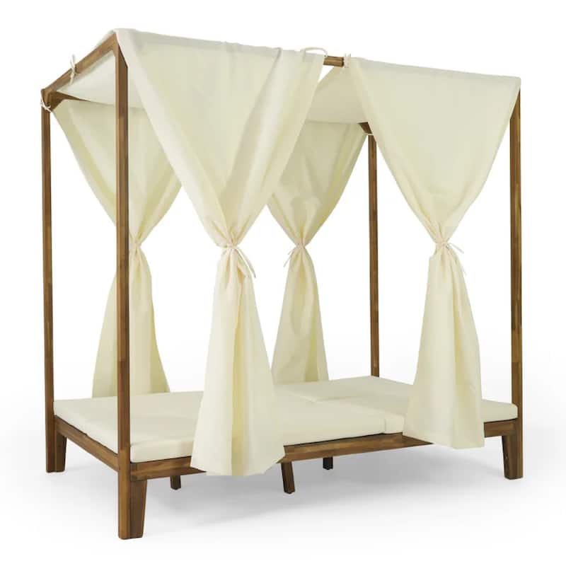 Yavi Outdoor Daybed, Brown Wood, Cream Waterproof Fabric, 79 Inch
