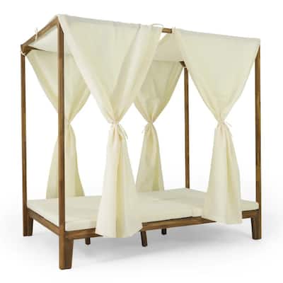 Yavi Outdoor Daybed, Brown Wood, Cream Waterproof Fabric, 79 Inch