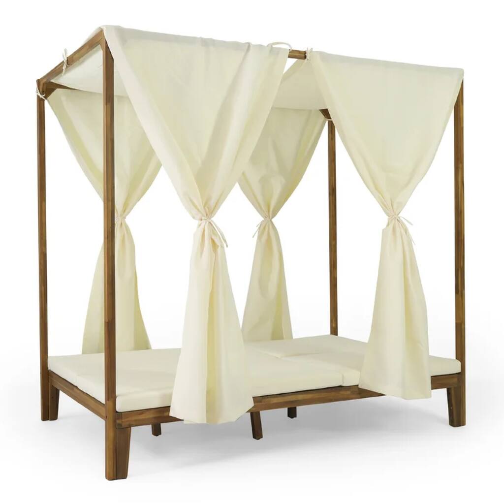 Yavi Outdoor Daybed, Brown Wood, Cream Waterproof Fabric, 79 Inch