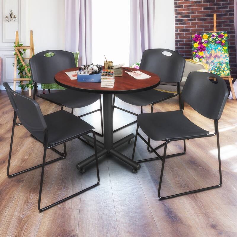 42 in. Round Breakroom Table- Cherry & 4 Stack Chairs- Black
