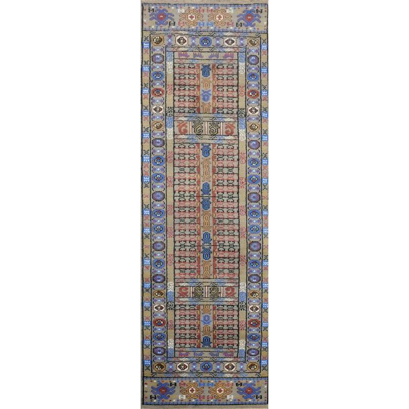 Hand Knotted Oriental 100% Wool Carpet Traditional Tribal Greys & Charcoal Kazak Runner Rug - 9' 11'' X 2' 7''