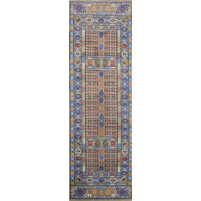 Hand Knotted Oriental 100% Wool Carpet Traditional Tribal Greys & Charcoal Kazak Runner Rug - 9' 11'' X 2' 7''