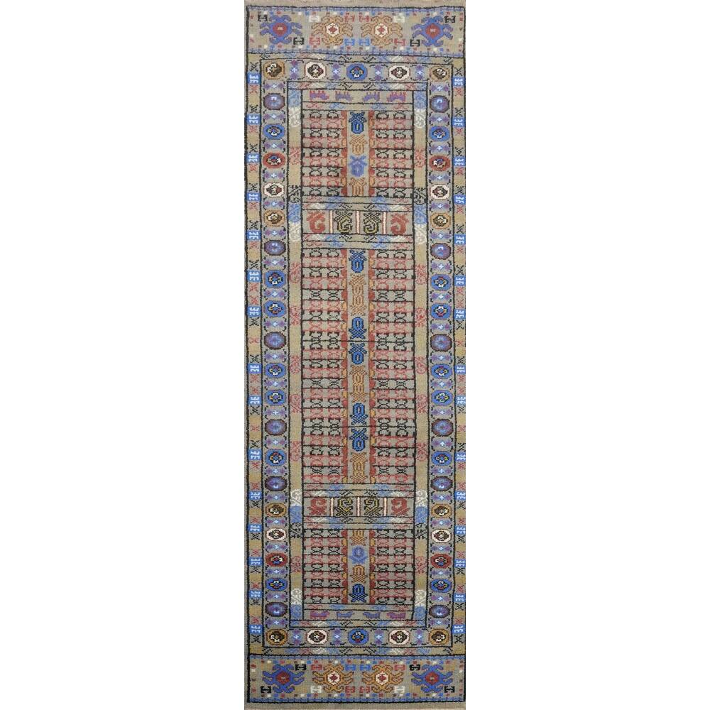 Hand Knotted Oriental 100% Wool Carpet Traditional Tribal Greys & Charcoal Kazak Runner Rug - 9' 11'' X 2' 7''