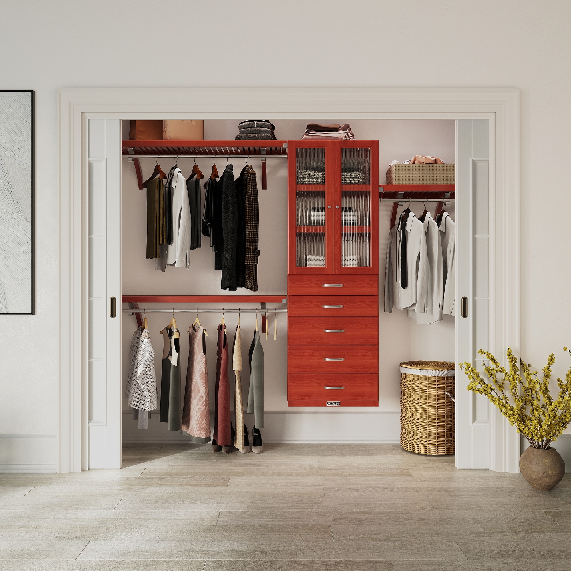John Louis Home Solid Wood Reach-In Closet System with 5-Drawers and Doors Red Mahogany