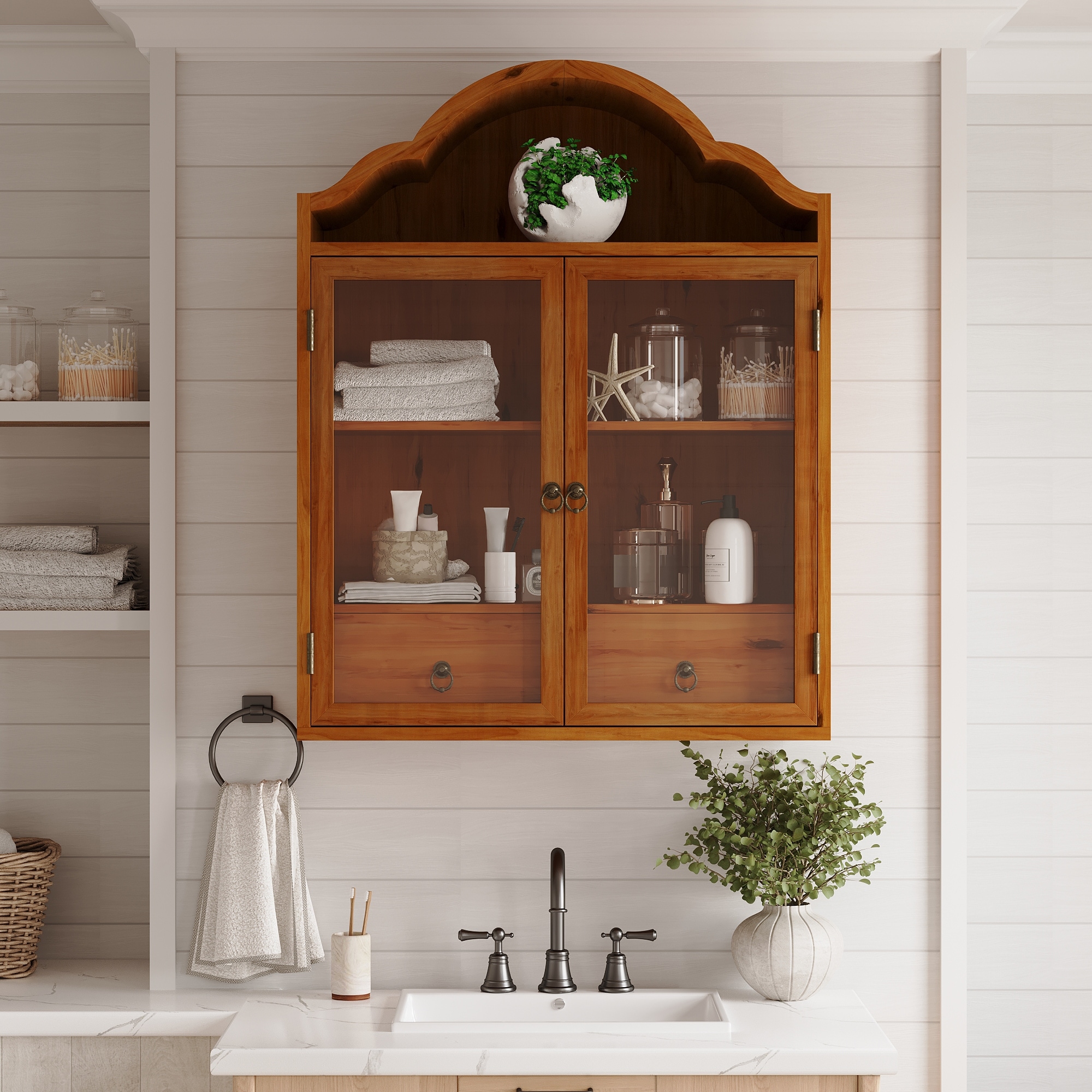Vintage Rustic Distressed Solid Wood Wall Cabinet with Elegant Wave Top,for Dining Room,Kitchen, Living Room and Bathroom