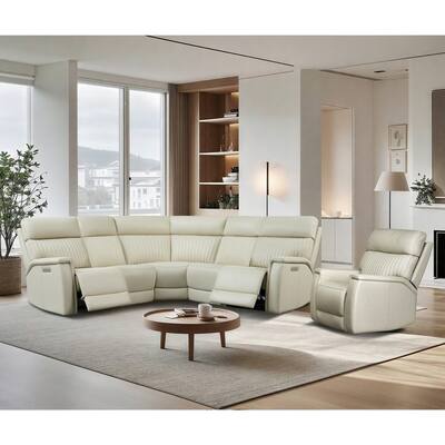 105" W Genuine Leather Power Reclining Sectional and Recliner Sofa Set with USB&USB-C Port, 1 Power Armlesschair