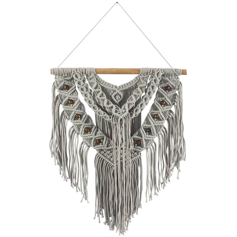 Cotton Fabric Macrame Handmade Intricately Weaved Wall Decor with Beaded Fringe Tassels - Gray - Roche River Decor - Gray