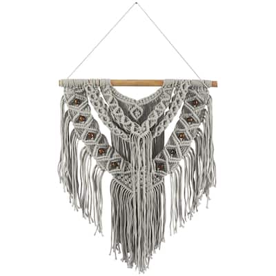 Cotton Fabric Macrame Handmade Intricately Weaved Wall Decor with Beaded Fringe Tassels - Gray - Roche River Decor