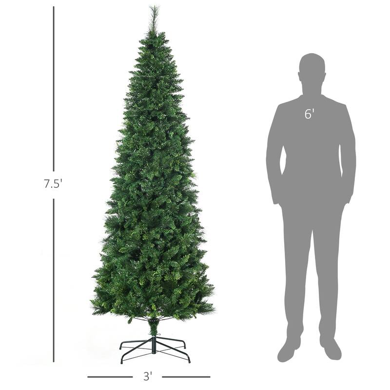 HOMCOM 7.5ft Tall Pencil Artificial Christmas Tree Holiday Décor with 1075 Branches, Auto Open, Steel Base, Pine Needles, Green