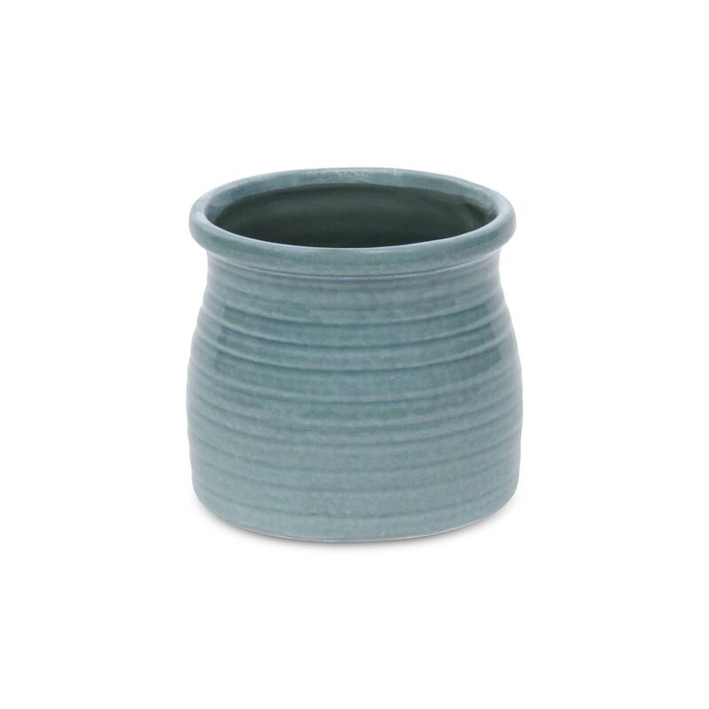 HomeRoots Celadon Ceramic 25 Ounce Striped Round Distressed Pot Planter - 5.00 in. x 4.75 in. x 5.00 in.