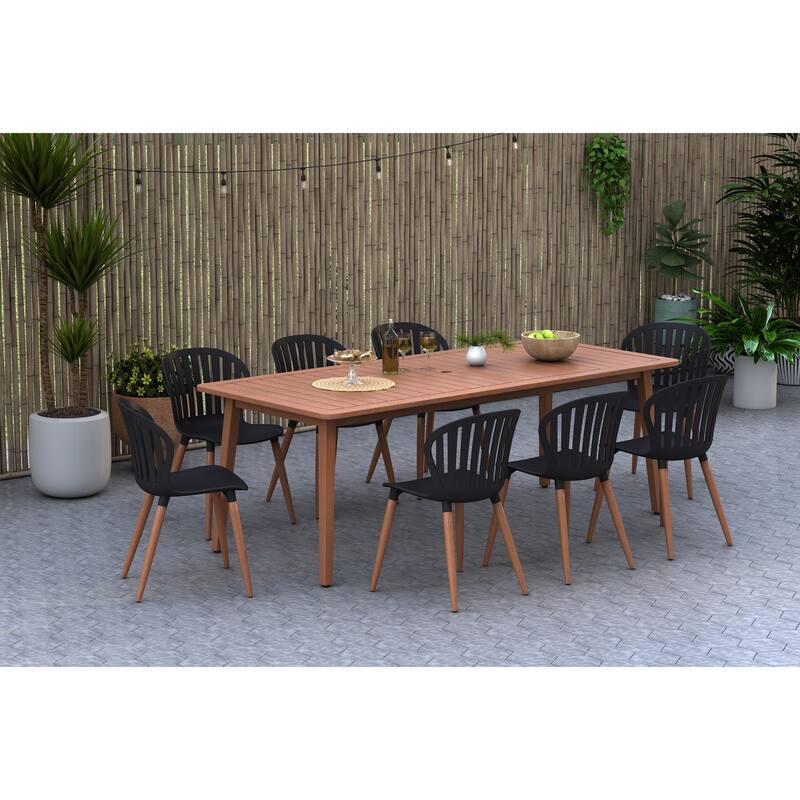 Amazonia FSC Wood Outdoor Patio Jenther Dining Set - 9pc - Black Wood Sidechairs