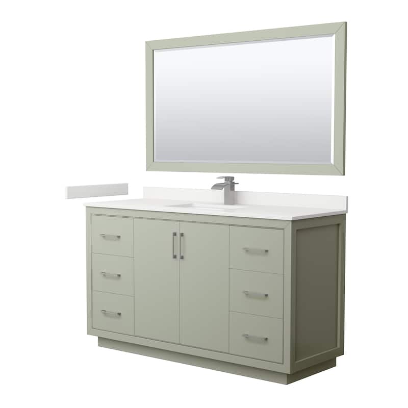 Icon 60-inch Single Vanity, Quartz Top, 58-inch Mirror - Light Green, Nickel Trim, White Quartz Top