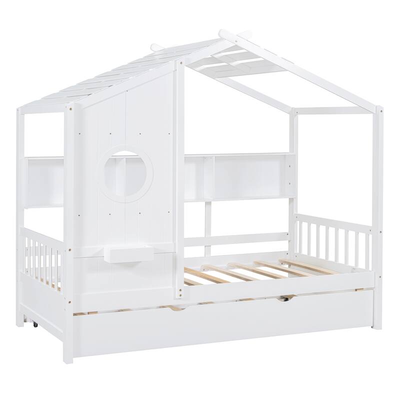 White Twin Size Wooden House Bed With Trundle, Modern Design for Kids with Storage Shlef