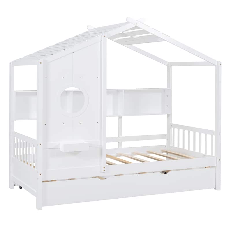 Wooden Twin Size House Bed With Trundle, Modern Design For Kids With Storage Shlef