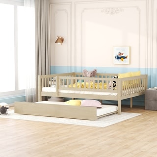 Full Size Wood Daybed with Trundle Fence Guardrails for Kids - No Box ...