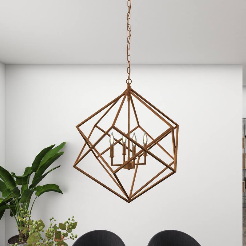 Metal Caged 4 Light Room Chandelier with Link Style Chain - Gold - Roche River Decor