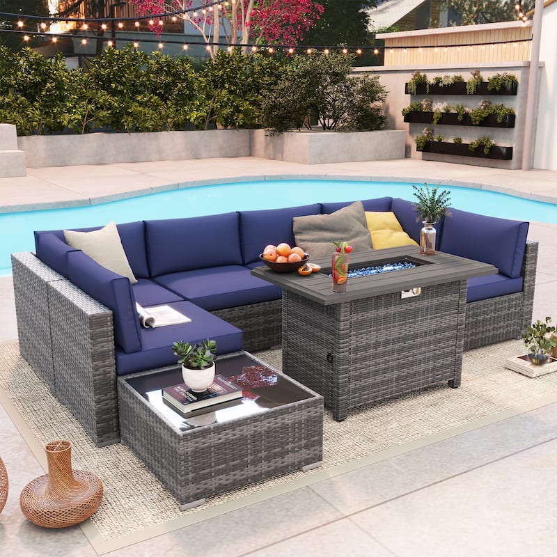 Outdoor 8 Pieces Sectional Wicker Sofa Set with Fire Pit - Grey/Navy