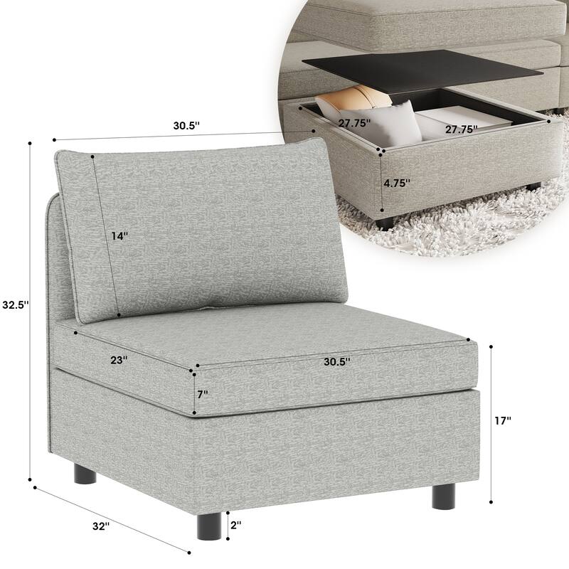 Modular Armless Fabric Sofa Seat Convertible Sectional Piece with Hidden Storage for Living Room