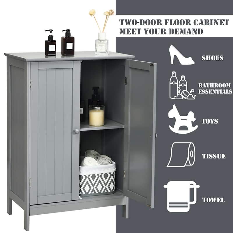 Gymax Bathroom Floor Storage Cabinet Double Door Kitchen Cupboard Shoe