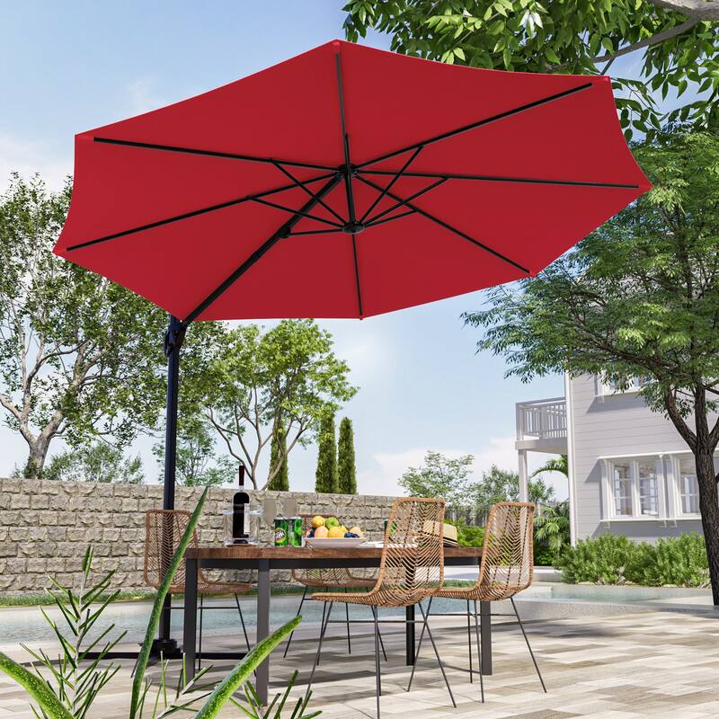 LIVOOSUN 10FT Round Cantilever Umbrella Patio Offset Umbrella For Outdoor Space, Solution-Dyed Fabric, 360° Rotation System - Red