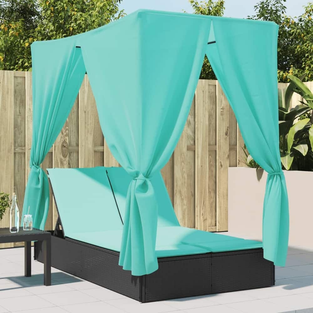 vidaXL Double Sun Lounger with Roof and Curtains Brown/Gray/Black Poly Rattan - 78.7" x 44.9" x 77.2"