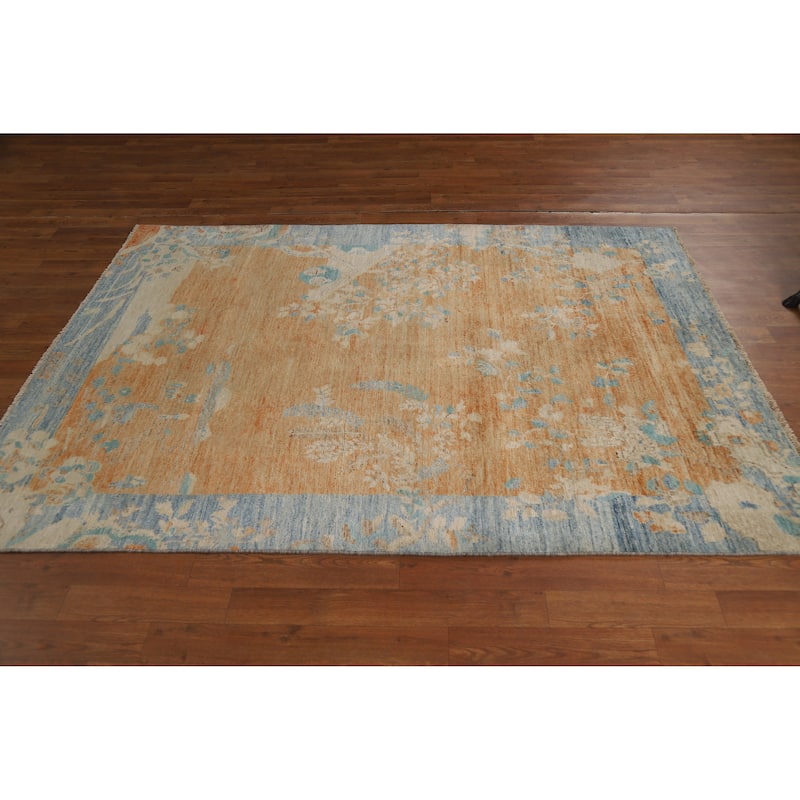 Vegetable Dye Orange Art Deco Turkish Rug Hand-Knotted Wool Carpet - 4'10"x 6'8"
