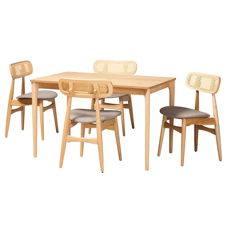Tarana Mid-Century Modern Fabric and Finished Wood Dining Set - Grey, Natural Oak, Light Brown - 5-Piece