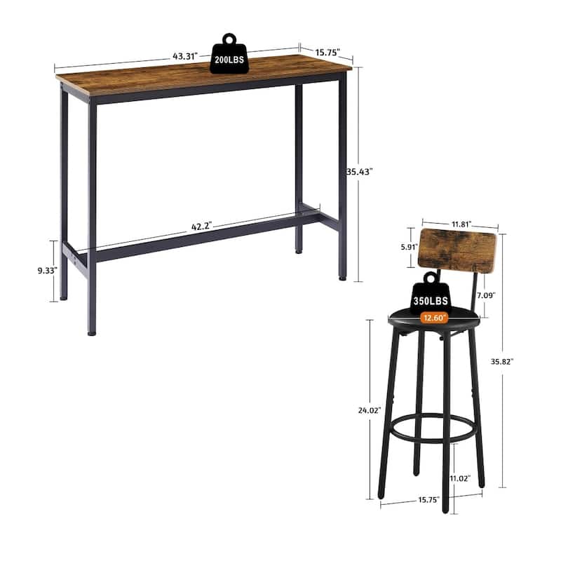 Bar Table Set with 2 Bar stools - 43.31"L * 15.75"W * 35.43"H