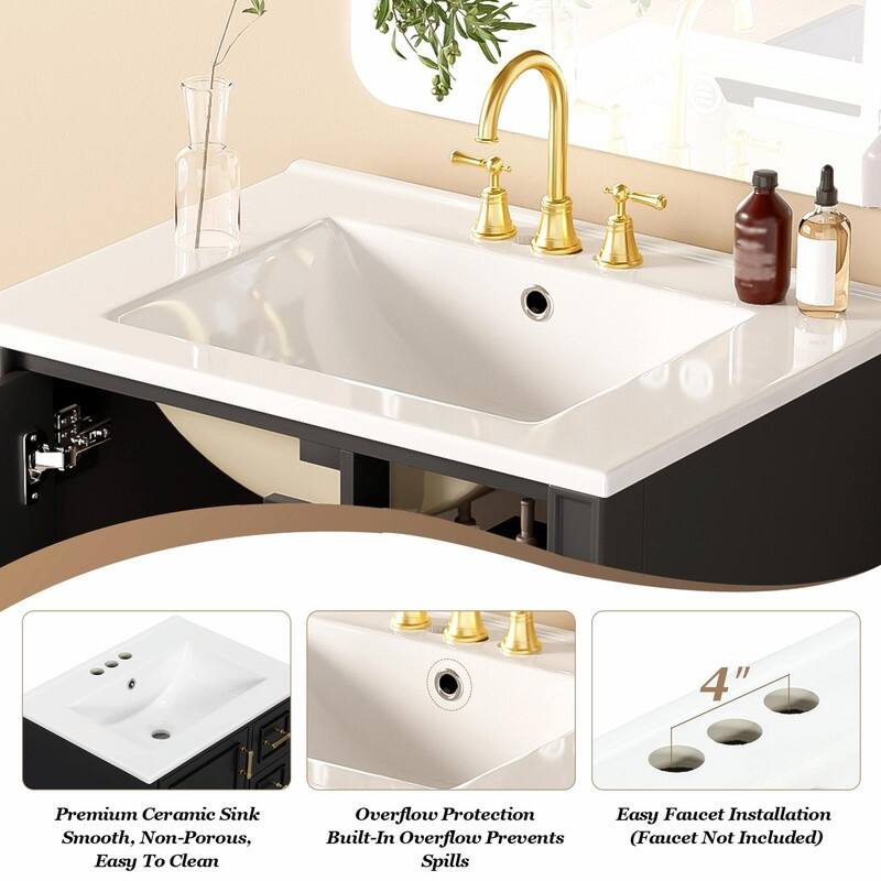 24" Modern Bathroom Vanity with Ceramic Sink, Soft-Close Door, 3 Drawers, Gold Handles & Door Rack