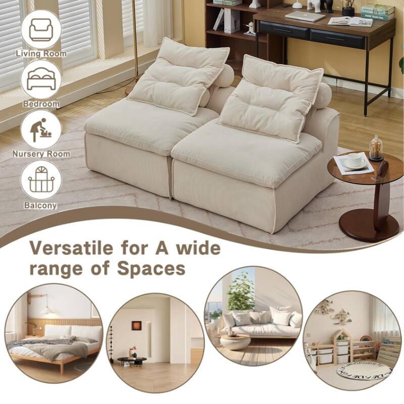 Anmytek Modular Sofa 2 Seats, Soft Corduroy Fabric, Neck Pillow-Back Lounge Sofa Chair, Upholstered, Beige