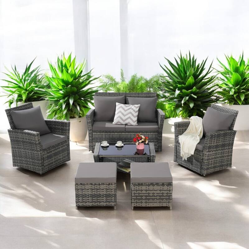 6-Piece Wicker Patio Furniture Set with Cushions & Coffee Table & Ottomans, Sofa for Outdoor Garden, Patio, or Balcony