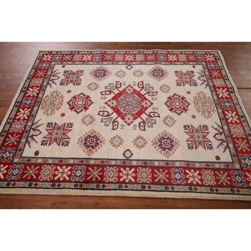 Beige / Ivory Geometric Kazak Rug Hand-Knotted Wool Carpet - 5'2" x 6'9"