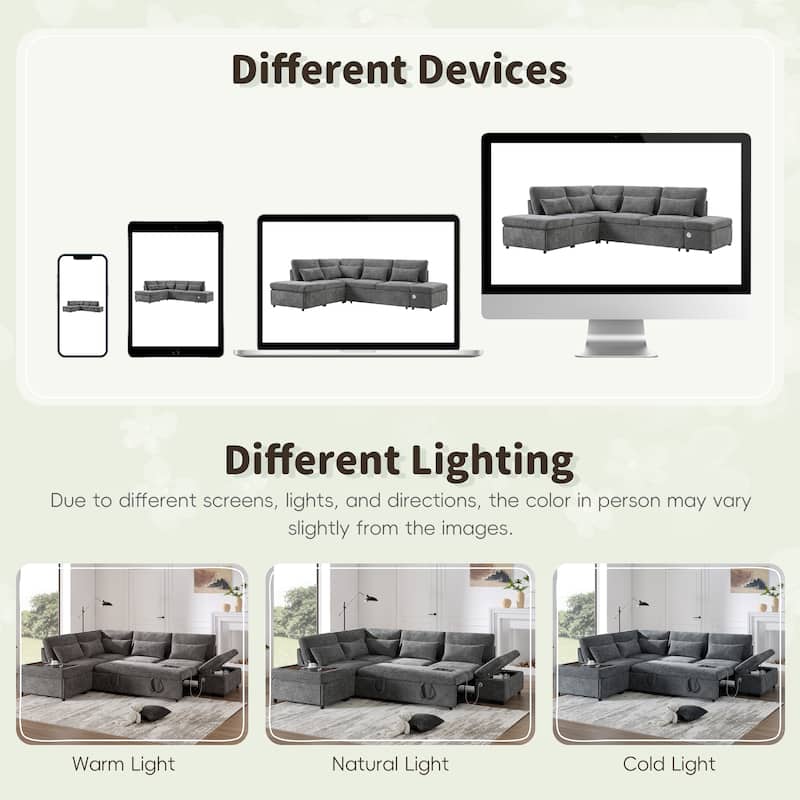 Roomfitters 107'' L-Shaped Sleeper Sectional Sofa Bed with Pull-Out Couch, USB & Type-C, Storage Ottoman