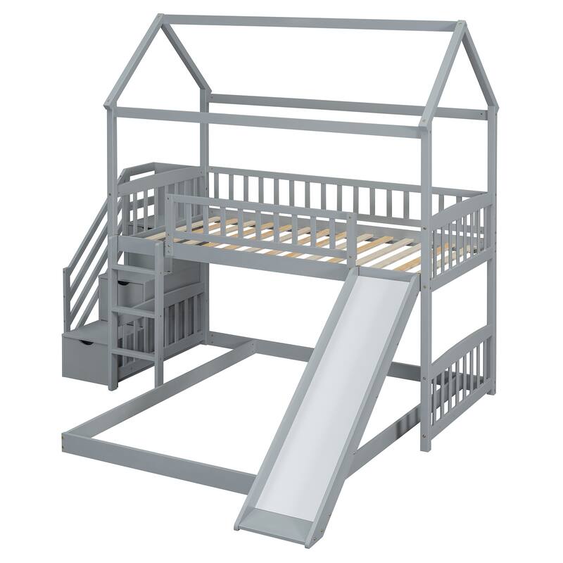 Twin Over Full Bunk Bed with Slide and Storage, Gray