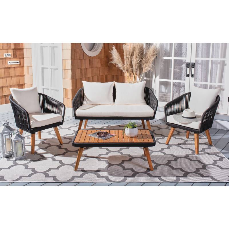 SAFAVIEH Outdoor Amelie 4 Piece Coastal Patio Chat Set - 55W x 31D x 28H