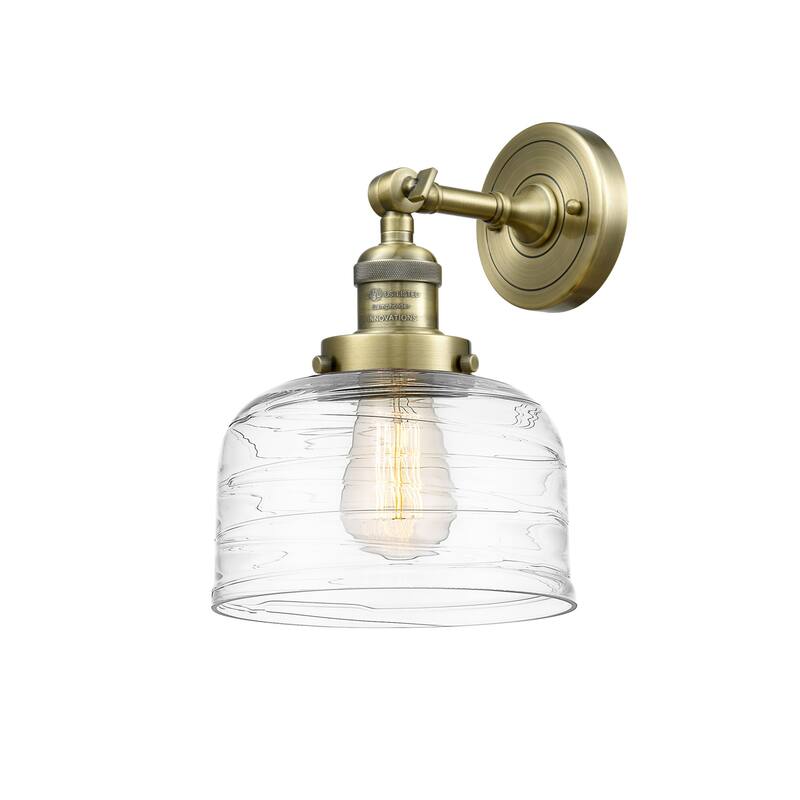 Innovations Lighting 203-12-8 Bell Sconce Bell 12" Tall Wall Sconce - Antique Brass / Clear Deco Swirl