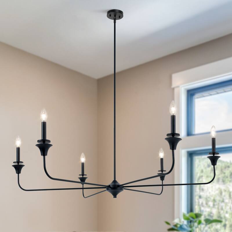 Oriea Mid-Century Modern Black 6-Light Chandelier Wheel Candle Light - D48.8" x H13.4"