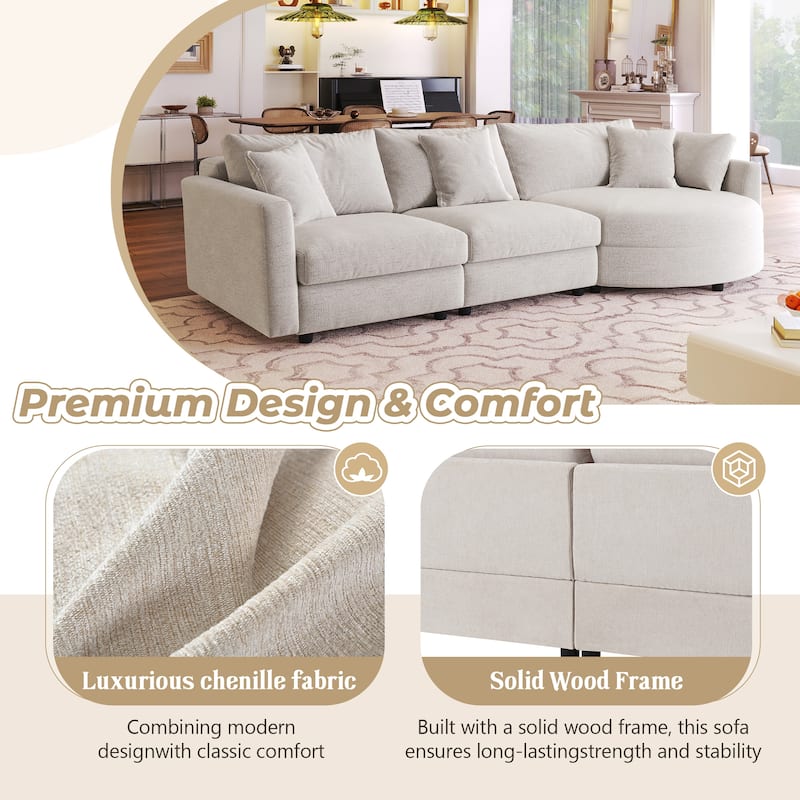 Curved Sectional Sofa, Chenille Fabric Sectional Couch with Chaise and 3 Throw Pillows