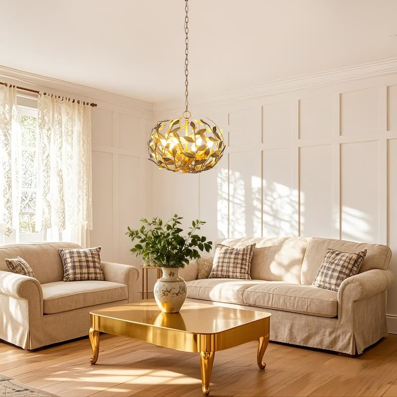 Antique Gold Olive Leaf Spherical Hollow Shade 6-Light Chandelier - 19.7"Wx15.4"H