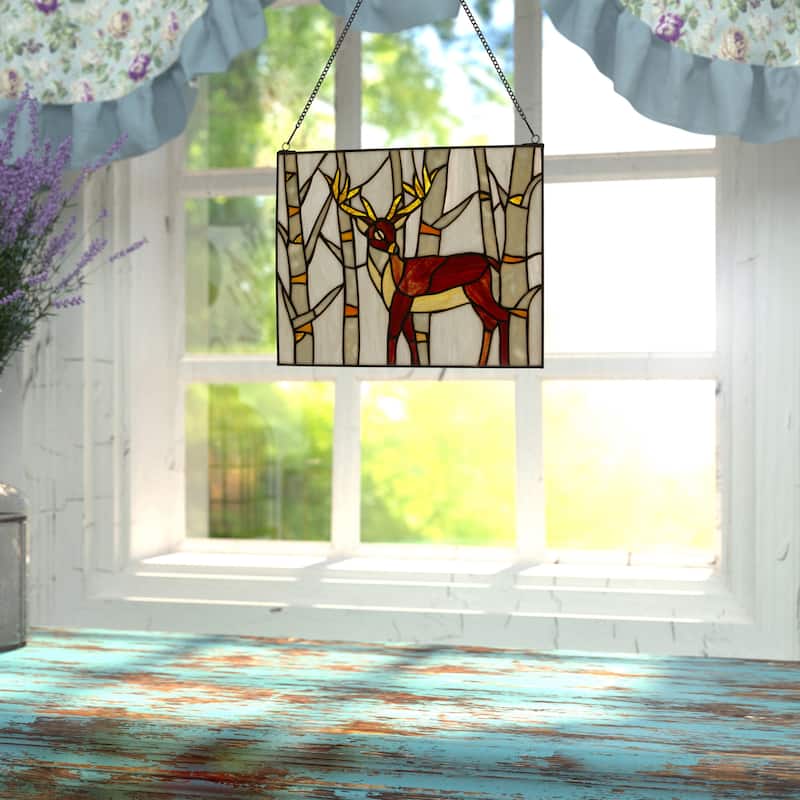 River of Goods Woodland Stag River of Goods Brown and Amber Stained Glass Window Panel - 14" x 0.25" x 11"