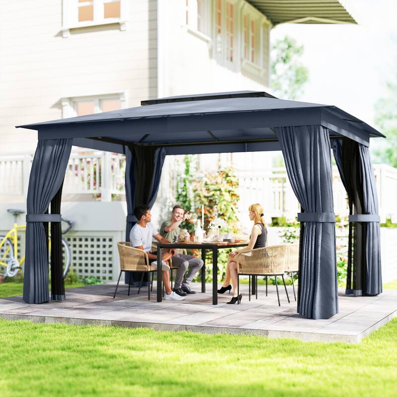 Outsunny 10' x 12' Outdoor Patio Gazebo, Soft Top Gazebo Canopy Shelter with Double Roof, Curtains, Netting, Steel Frame - Blue