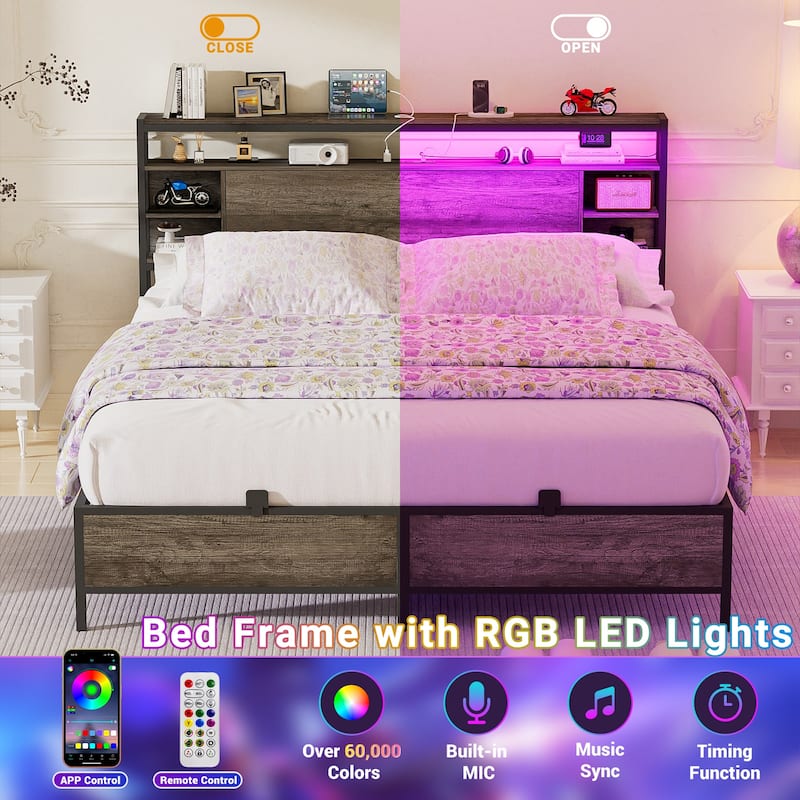 Bed Frame with Charging Station and RGB LED Lights, Sturdy Platform Bed with Storage Headboard,
