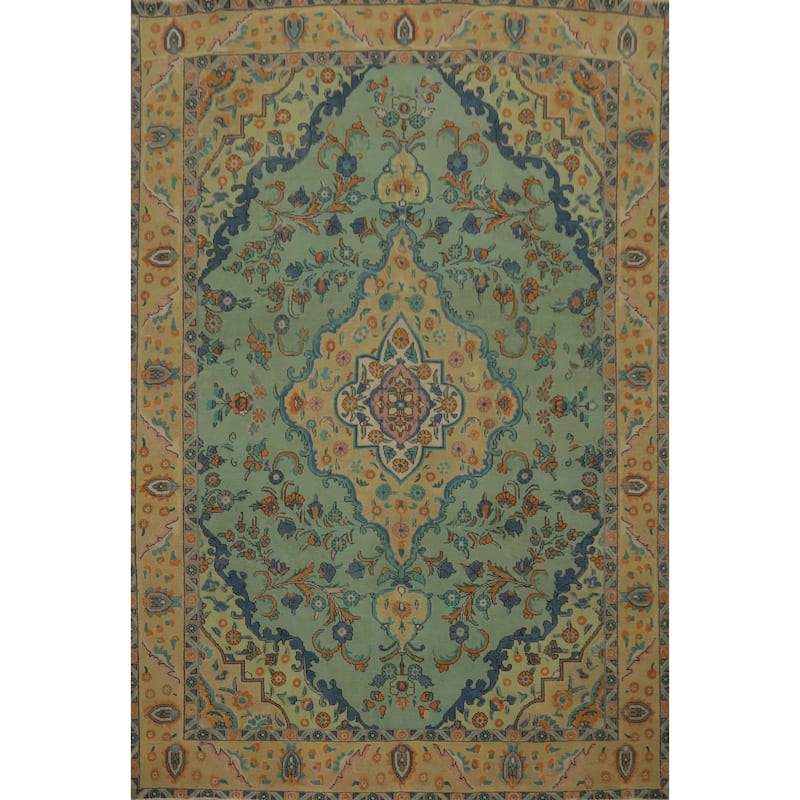 Hand Knotted Oriental 100% Wool Carpet Traditional Medallion Green Tabriz Area Rug - 11' 0'' X 8' 2''