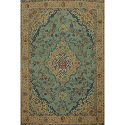 Hand Knotted Oriental 100% Wool Carpet Traditional Medallion Green Tabriz Area Rug - 11' 0'' X 8' 2''